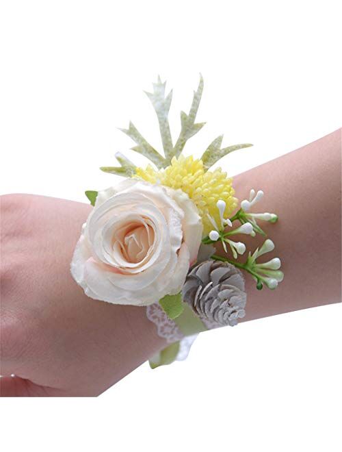 Flonding Wedding Wrist Corsage and Boutonniere Set Party Prom Hand Flower Suit Decor Ivory