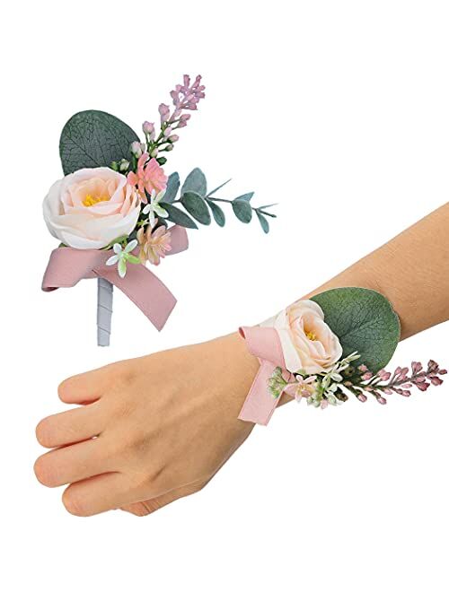 Campsis Bridal Corsage for Wedding Pink Corsage Boutonniere Set Elastic Artificial Boutonniere Set Flower Decor Girls Groom Groomsman Bridesmaid Bride Lady for Prom and D