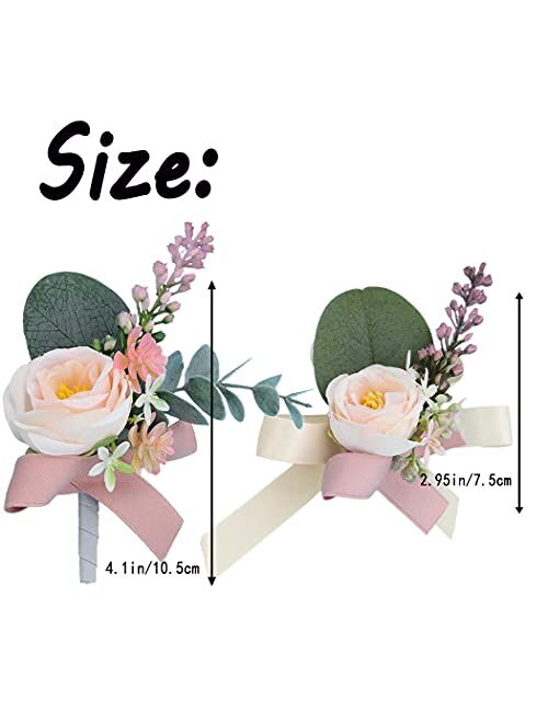 Campsis Bridal Corsage for Wedding Pink Corsage Boutonniere Set Elastic Artificial Boutonniere Set Flower Decor Girls Groom Groomsman Bridesmaid Bride Lady for Prom and D
