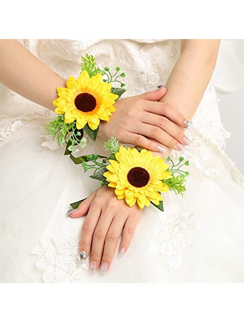 Campsis Sunflower Wrist Flower Bracelet Hand Flowers for Bridal and Bridesmaid Wedding Party Prom