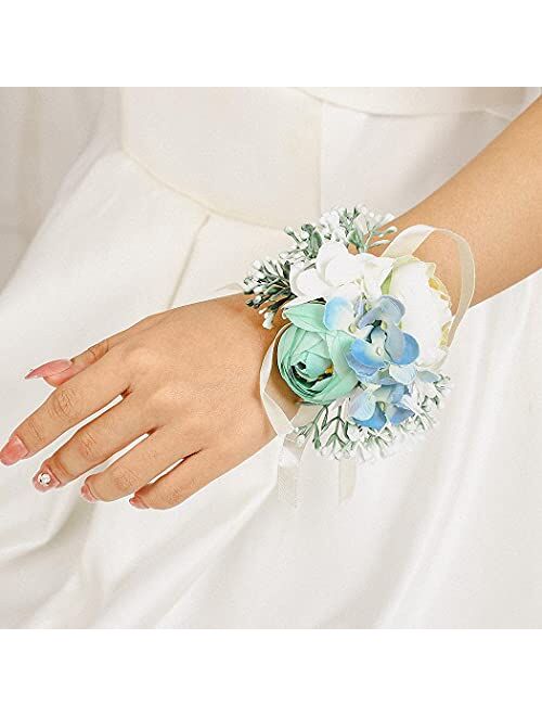 Campsis Wedding Bride Flower Wrist Corsage Blue Handmade Leaves Bridal Hand Flower Bride Bridesmaid Wristlet for Prom Party Beach Photography 2PCS