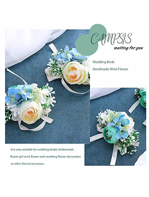 Campsis Wedding Bride Flower Wrist Corsage Blue Handmade Leaves Bridal Hand Flower Bride Bridesmaid Wristlet for Prom Party Beach Photography 2PCS