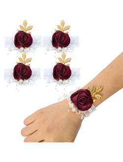 Campsis Bridesmaid Wrist Flowers Red Rose Wrist Corsage Stretch Silk Hand Flower Corsage Set with Pearl Metal Leaf Bride Bridal Girls Accessories for Wedding and Prom(4pc