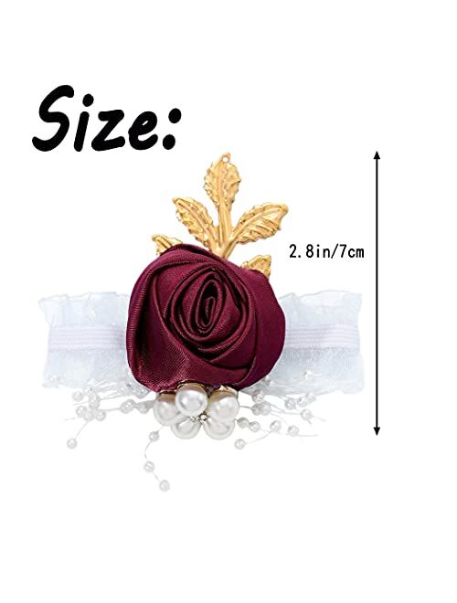 Campsis Bridesmaid Wrist Flowers Red Rose Wrist Corsage Stretch Silk Hand Flower Corsage Set with Pearl Metal Leaf Bride Bridal Girls Accessories for Wedding and Prom(4pc
