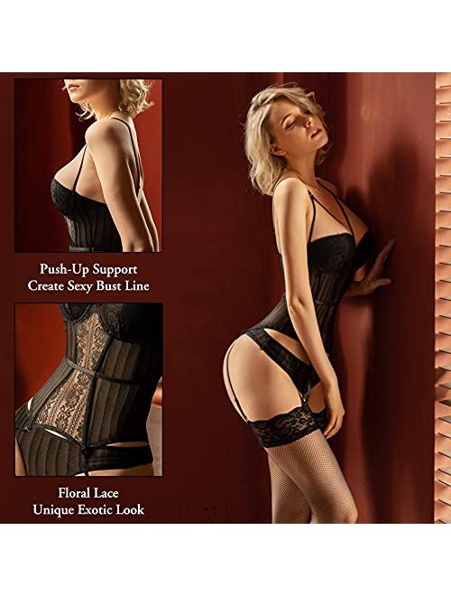 CINOON Sexy Corset Lingerie for Women Lace Bodysuit Boudoir Outfits with Garter Belts