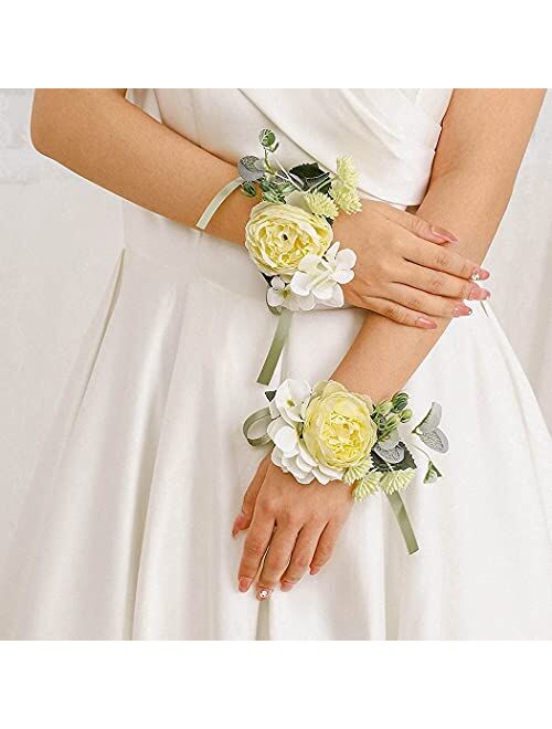 Campsis Wedding Bride Flower Wrist Corsage White Handmde Leave Wristlet Bridal Bridesmaid Hand Flower Prom Party Beach Photography 2PCS