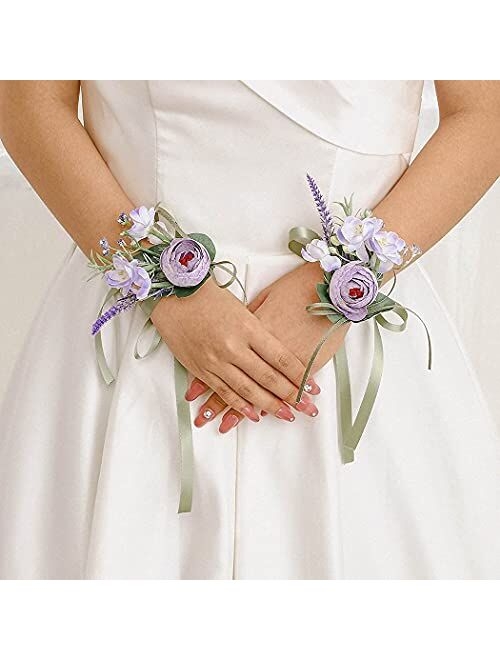 Campsis Set of 2 Wedding Bride Handmade Flower Wrist Corsage Purple Leave Ribbon Hand Flower Bridal for Engagement Prom Party Beach Photography