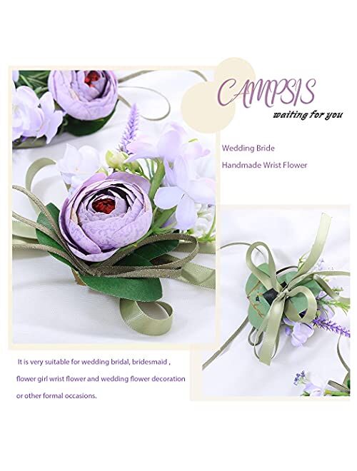 Campsis Set of 2 Wedding Bride Handmade Flower Wrist Corsage Purple Leave Ribbon Hand Flower Bridal for Engagement Prom Party Beach Photography