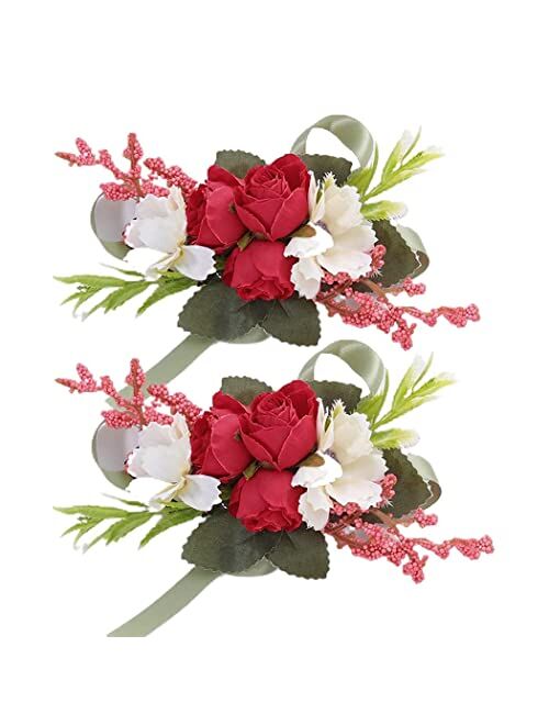 Campsis Wedding Wrist Flower Corsage Red Handmade Floarl Hand Flower Bride Bridal Artificial Wristlet for Prom Party Beach Photography 2PCS