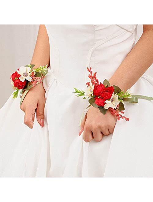 Campsis Wedding Wrist Flower Corsage Red Handmade Floarl Hand Flower Bride Bridal Artificial Wristlet for Prom Party Beach Photography 2PCS