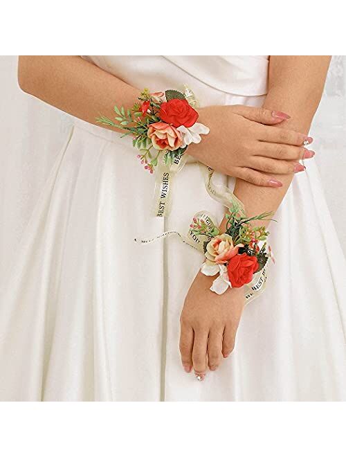 Campsis Wedding Bridal Handmade Wrist Flower Corsage Red Leave Ribbon Hand Flower Bride Bridesmaid Wristlet for Prom Party Beach Photography 2PCS