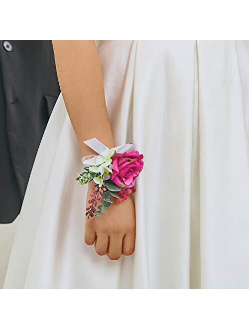 Campsis Wedding Corsage Boutonniere Set Pink Rose Flower Wrist Bride Buttonholes Flower Decor Bride Girls Lady Accessories for Prom and Dinner Party(2pcs)