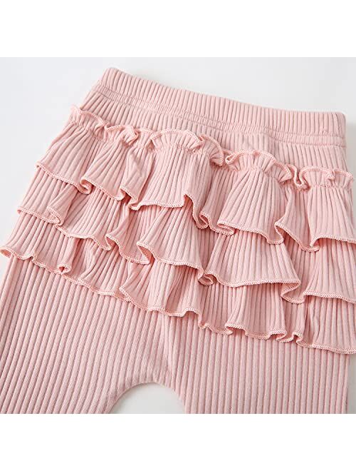 Fullfamous Baby Girl's 3pc Rib Frill Long Sleeve Romper and Pant Set