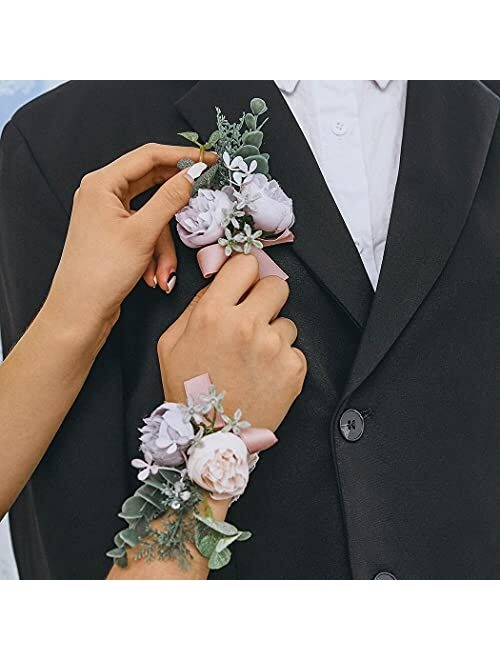 Campsis Bridal Corsage for Wedding Purple Artificial Boutonniere Set Elastic Corsage Boutonniere Set Flower Decor Girls Groom Groomsman Bridesmaid Lady for Prom and Dinne