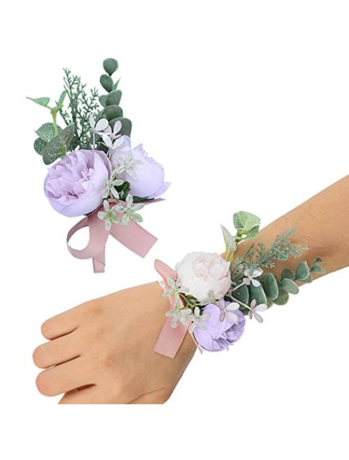 Campsis Bridal Corsage for Wedding Purple Artificial Boutonniere Set Elastic Corsage Boutonniere Set Flower Decor Girls Groom Groomsman Bridesmaid Lady for Prom and Dinne