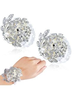Mtlee 2 Pieces Artificial Wrist Bouquet Corsage Flower Rhinestone Flower Wrist Corsage Silk Wrist Flower with Peal and Diamond for Wedding Decor Cocktail Party Ceremony A