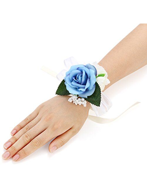 Toes Home Pack of 4 Girl Bridesmaid Wedding Wrist Corsage Party Prom Hand Flower Decor (Blue)