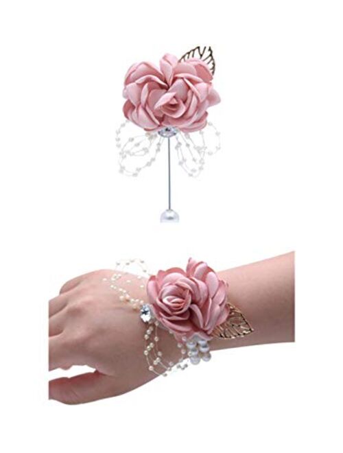 Flonding Rose Wedding Wrist Corsage and Boutonniere Set Party Prom Hand Ribbon Flower Suit Decor (Champagne Pink)