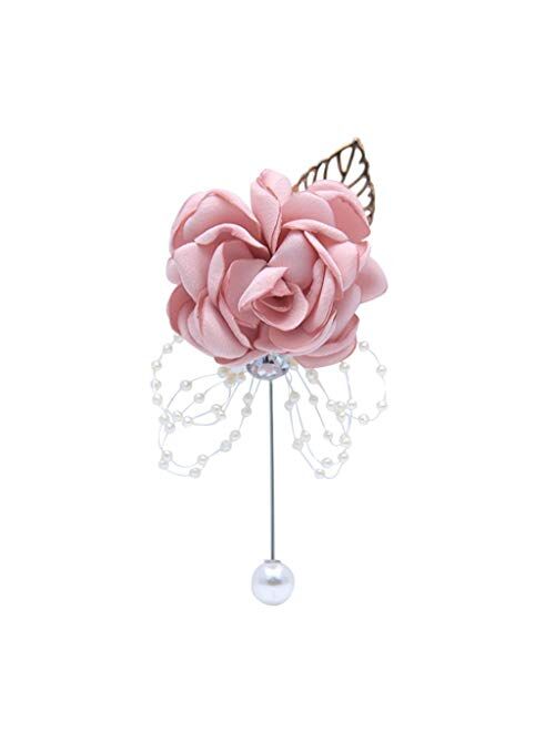 Flonding Rose Wedding Wrist Corsage and Boutonniere Set Party Prom Hand Ribbon Flower Suit Decor (Champagne Pink)