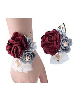 Veido Wrist Flower Corsage Rose Flowers Brooch for Wedding Party Prom Wristband Flower Set 2 Pack Corsage04 (Burgundy)