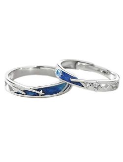 Wedding Rings Set for Him and Her, S925 Sterling Silver Cubic Zirconia Silver Blue Adjustable His and Her Rings