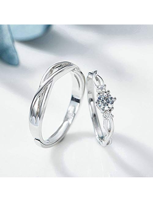 ANAZOZ I Love You His & Hers Matching Wedding Rings Adjustable CZ S925 Sterling Silver Rings for Couple