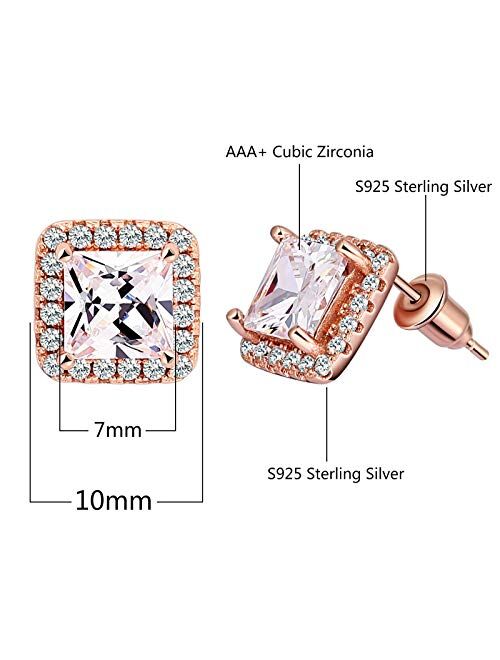 Anazoz S925 Sterling Silver Earrings Square AAA Cubic Zirconia Rose Gold Halo CZ Stud Earrings for Women