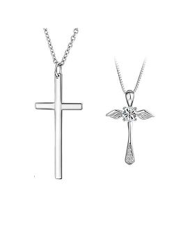 Couple Cross Necklace 2Pcs Set Solid S925 Sterling Silver Tiny Simple Cross Pendant Necklace Angel Wing