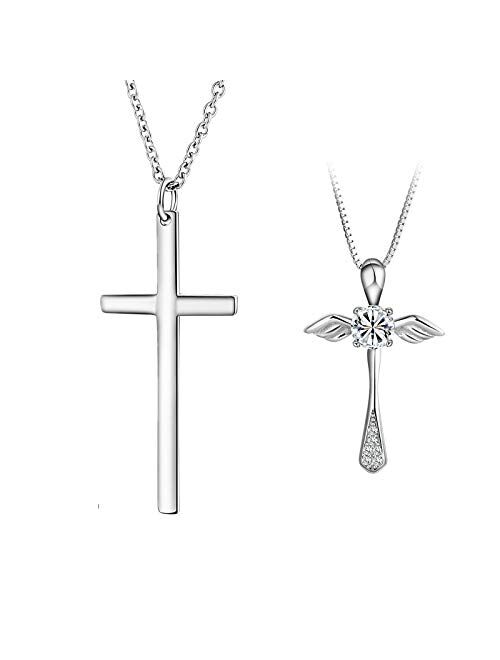 ANAZOZ Couple Cross Necklace 2Pcs Set Solid S925 Sterling Silver Tiny Simple Cross Pendant Necklace Angel Wing