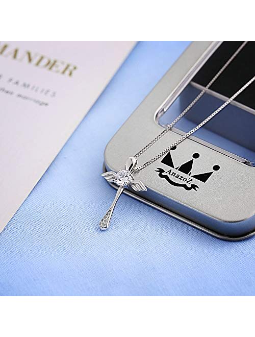 ANAZOZ Couple Cross Necklace 2Pcs Set Solid S925 Sterling Silver Tiny Simple Cross Pendant Necklace Angel Wing