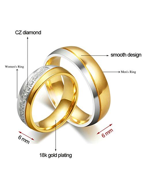 ANAZOZ His and Her Promise Rings Engravable Titanium 18K Gold Plated Wedding Engagement Band Couple Ring Top Ring 6MM