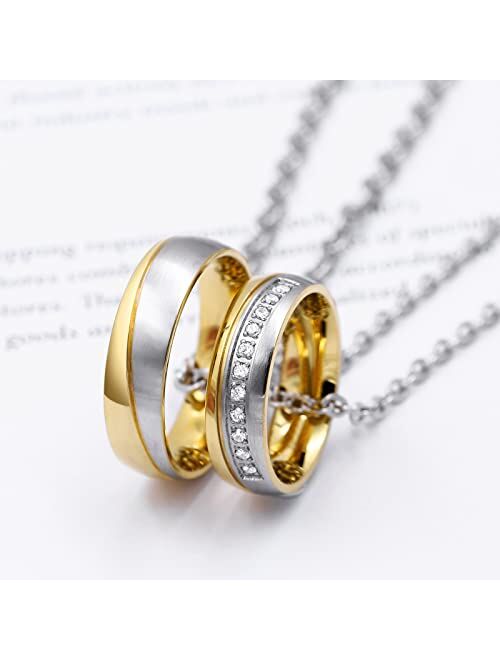 Anazoz Matching Necklace for Couples, His and Hers Necklaces for Couples Stainless Steel Gold Plated Ring Necklace Set Couple Jewelry Customized