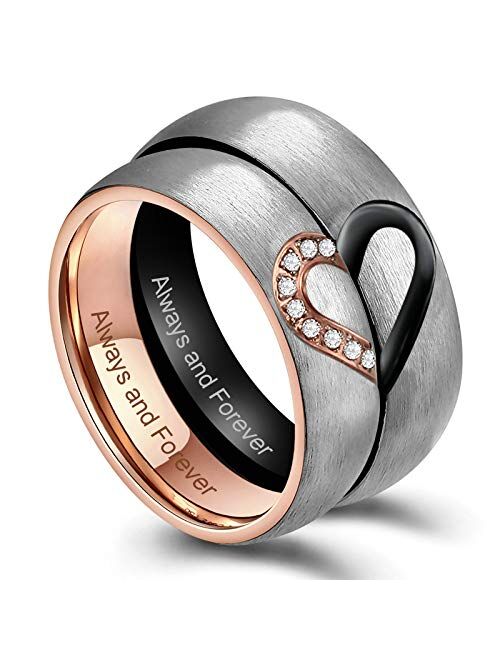 ANAZOZ Free Custom Engraving Matching Promise Rings for Couples Stainless Steel Puzzle Heart Engagement Wedding Ring Band for His and Her