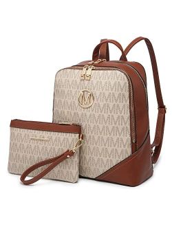 MKP Women Fashion Double Zipper Signature Medium Backpack Purse PU Leather Teen Girls Ladies Bookbag Travel Bag Set 2Pcs