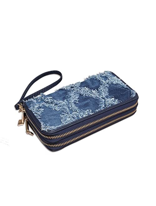 Mkp Collection MKP Womens Fashion Double Zip Around Long Wallet Jean Denim Purse Credit Card Clutch with Wristlet Strap