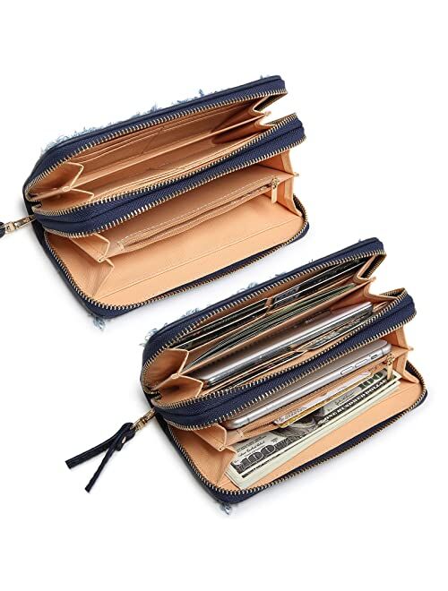 Mkp Collection MKP Womens Fashion Double Zip Around Long Wallet Jean Denim Purse Credit Card Clutch with Wristlet Strap