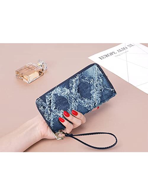 Mkp Collection MKP Womens Fashion Double Zip Around Long Wallet Jean Denim Purse Credit Card Clutch with Wristlet Strap