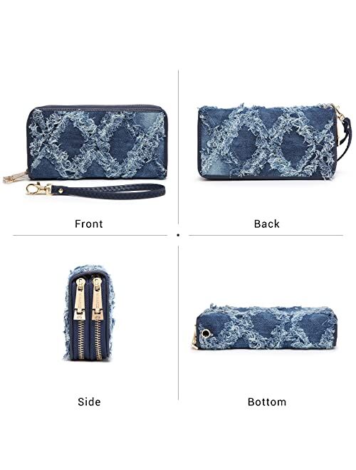 Mkp Collection MKP Womens Fashion Double Zip Around Long Wallet Jean Denim Purse Credit Card Clutch with Wristlet Strap