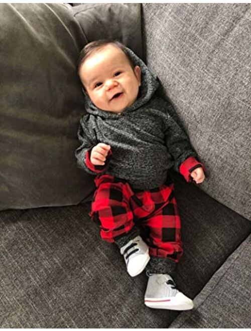 Fommy Newborn Baby Boy Clothes Plaid Letter Print Long Sleeve Hoodies + Long Pants 2PCS Fall Winter Outfits Set