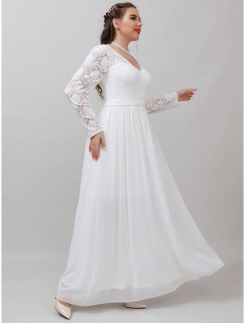 Shein Plus Contrast Lace Chiffon Maxi Wedding Dress