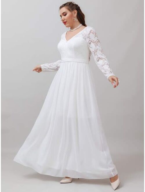 Shein Plus Contrast Lace Chiffon Maxi Wedding Dress