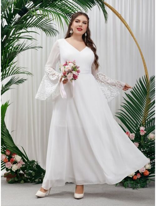 Shein Plus Trumpet Sleeve Contrast Lace Chiffon Wedding Dress