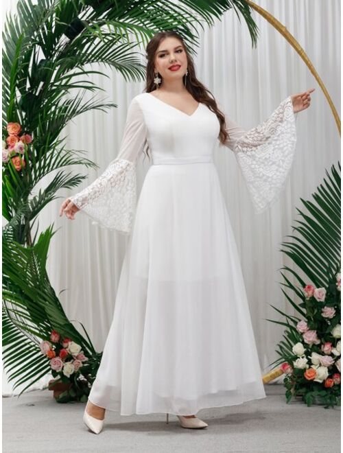 Shein Plus Trumpet Sleeve Contrast Lace Chiffon Wedding Dress