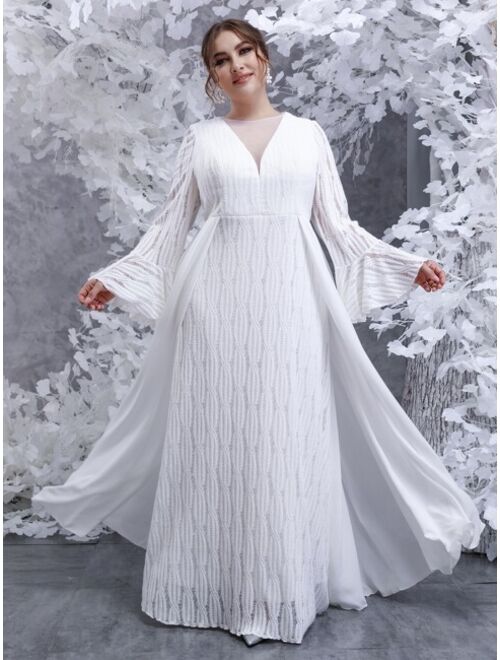 Shein Plus Flounce Sleeve Overlay Lace Wedding Dress