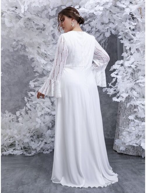 Shein Plus Flounce Sleeve Overlay Lace Wedding Dress