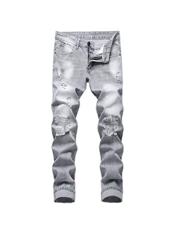 LZLER Mens Ripped Jeans,Distressed Destroyed Slim Fit Straight Leg Denim Pant with Holes