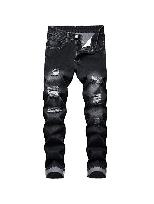 LZLER Mens Ripped Jeans,Distressed Destroyed Slim Fit Straight Leg Denim Pant with Holes