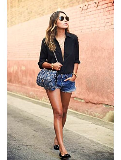 Mkp Collection Women Fashion Casual Quilted Crossbody Distressed Jean Purse Denim Handbag Wallet Shoulder Bag with Intertwined Chain Straps