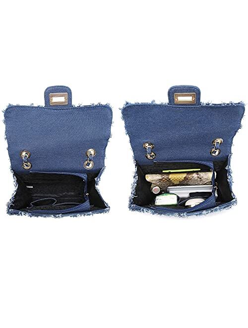 Mkp Collection Women Fashion Casual Quilted Crossbody Distressed Jean Purse Denim Handbag Wallet Shoulder Bag with Intertwined Chain Straps