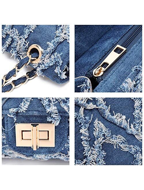 Mkp Collection Women Fashion Casual Quilted Crossbody Distressed Jean Purse Denim Handbag Wallet Shoulder Bag with Intertwined Chain Straps